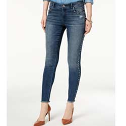 "INC Studded Frayed-Hem Front Zipper Skinny Jeans, Blue Wash"