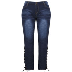 "Plus Size High Waist Denim Lace-Up Full Length Jeans"